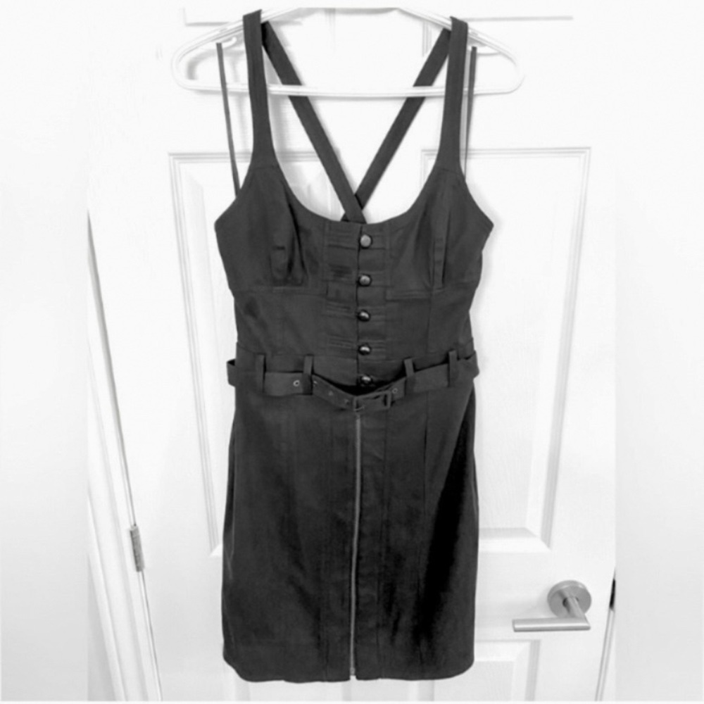 French Connection Fitted Black Denim-Like Mini Dress w/ Cross Back Straps & Belt